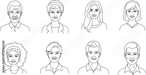 Collection of eight unique abstract line art portraits of diverse individuals with expressive faces and hairstyles