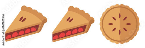 Fruit pie wedges and whole pastry, lattice vent top style, homemade dessert icons, baking illustration, vector collection
