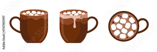 Cocoa drink collection, steaming mugs with marshmallow topping, round cup view, warm dessert beverage graphics, vector clipart