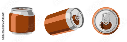 Assorted beverage cans, tilted aluminum soda, ring pull top views, fizzy drink icons, vector clipart set, packaging
