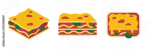 Cheesy layered snacks, triangle and rectangle lasagna pieces, melty pasta icons, tasty comfort food clipart, vector illustration, isolated