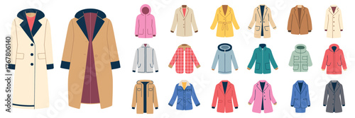 Vector set of winter clothes and cold weather accessories, including cozy coats, scarves, mittens, and outerwear, isolated on white background for seasonal fashion
