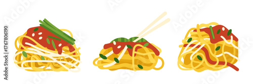 Spaghetti dishes collection, tomato sauce topping, chopsticks serving noodles, delicious pasta icons, cafe restaurant menu vector, isolated
