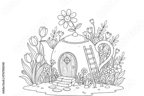 Teapot House Illustration in Garden,
Black and White Line Art for Coloring