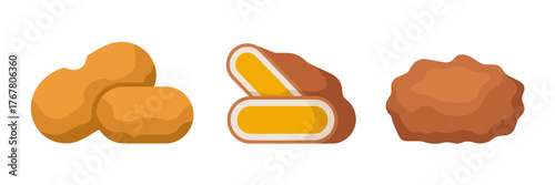 Savory croquettes and cutaway piece, crispy breadcrumb crust, warm filling, appetizer snack graphic, cafe fast food vector