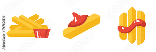 Classic fast food pair, salted french fries carton, hot dog with ketchup ribbon, quick lunch illustration vector