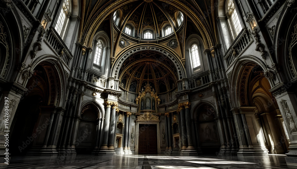 Fototapeta premium Dramatic interior view of a grand gothic cathedral with ornate arches and sunlight streaming through windows