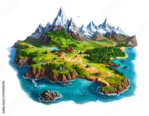Cartoon island with snow capped mountains, cliffs, green meadows, forests, river, paths, ocean & boats