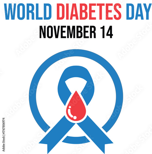 World diabetes day november 14th awareness ribbon with a blood drop symbol for health and medical awareness