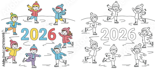 Cute Kids Ice Skating for New Year 2026 Celebration - Winter Fun for Children