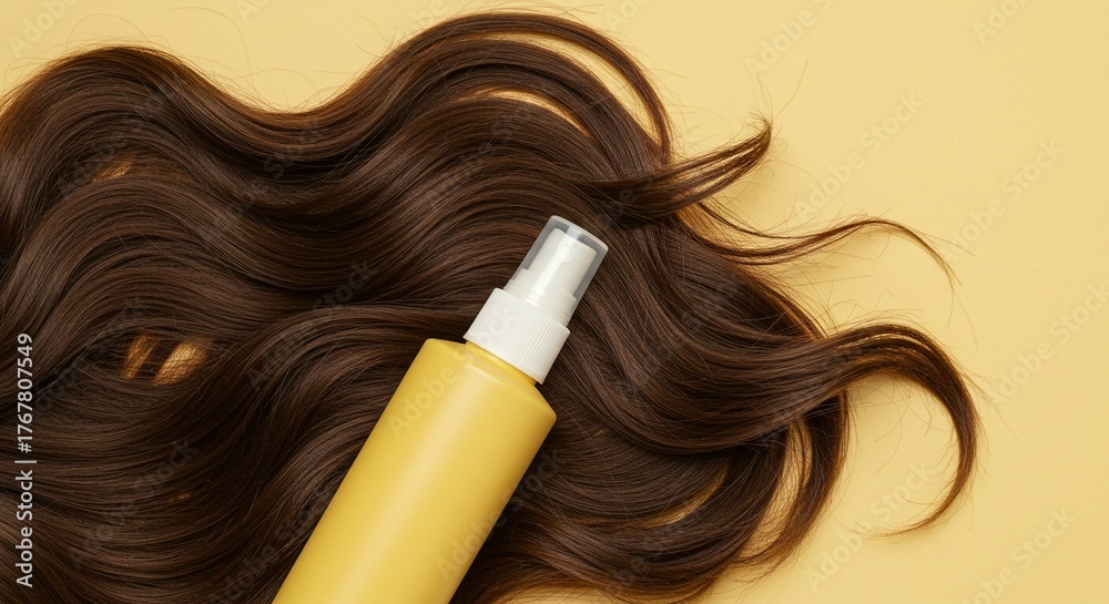 Fototapeta premium Hair care product displayed with flowing, healthy brown hair against a pastel background, suggesting beauty and treatment.