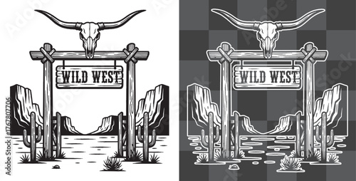 Wild West Entrance Gate Vector Illustration in Detailed Vintage Engraving Style Perfect for Posters Stickers Logos and Western Themed Artwork Featuring Desert Scene with Cattle Skull and Signboard