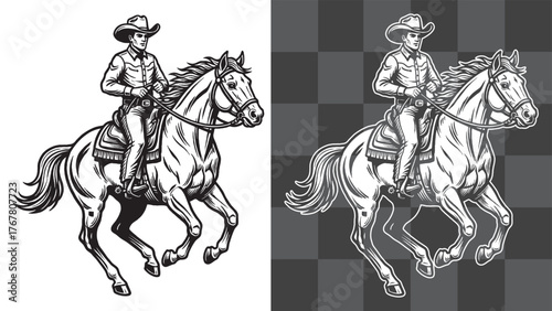 Cowboy Riding Horse Vector Illustration in Detailed Vintage Engraving Style Perfect for Posters Stickers Logos Apparel and Western Artwork Featuring Classic Rodeo Scene Symbolizing Old Wild West