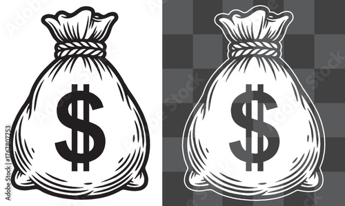 Money Bag Vector Illustration in Vintage Western Engraving Style Perfect for Posters Stickers Logos and Wild West Themed Artwork Featuring Classic Bank Robbery Symbol Design with Dollar Sign Detail