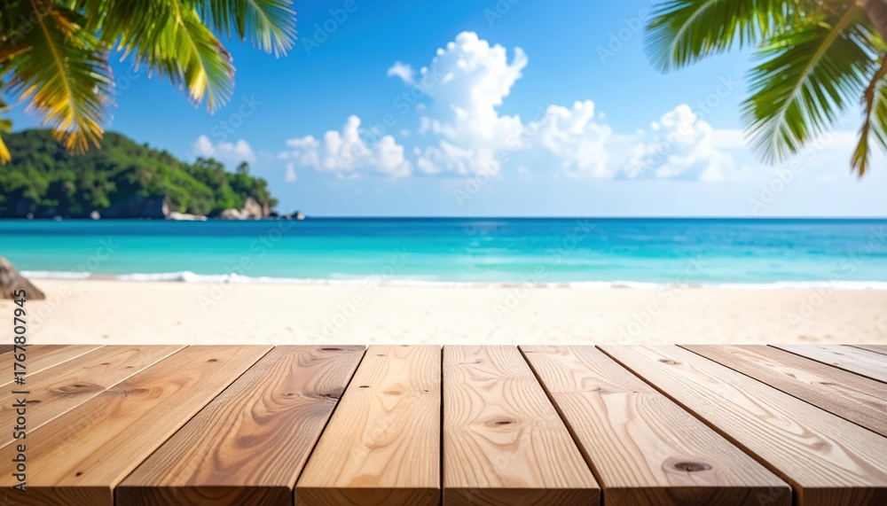 Fototapeta premium Relaxing beach view with wooden table tropical paradise nature calm environment close-up perspective