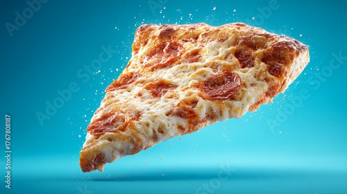 Floating pizza slice on cyan background, pop-art inspired composition