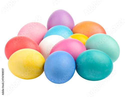 Close-up shot of colorful Easter eggs arranged in a cluster on a black background in soft focus