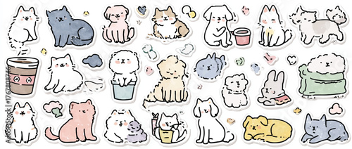 Cute animal cartoon stickers collection vector illustration featuring dogs cats and a bunny on a white background great for childrens designs and animal themed projects