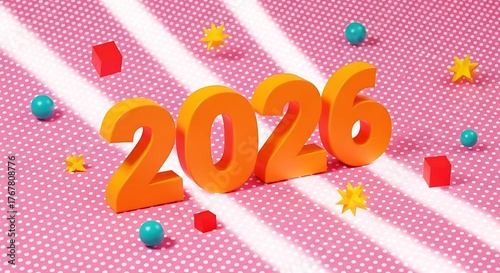 Vibrant Orange 2026 Numbers Surrounded by Geometric Shapes on Polka Dot Background