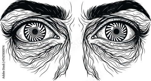 Surreal hypnotic eyes illustration, black and white drawing, aged face detail, spiral iris art, emotional expression, psychological concept