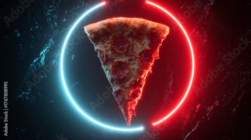 Pizza slice surrounded by neon light ring, futuristic aesthetic