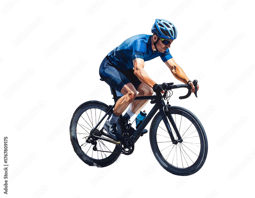 Naklejka premium Cyclist riding black road bike in athletic posture, helmet, sunglasses, blue shirt. Black backdrop
