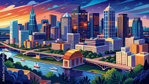 Very beautiful aerial panoramic view of downtown Austin, Texas, USA, showcasing modern skyscrapers, the Colorado River, bridges, and vibrant city lights glowing under a clear evening sky.