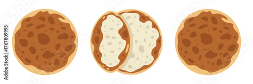 Crispy cookie icons, chocolate chip style rounds, cutaway texture view, sweet snack clipart, dessert bakery vector illustration