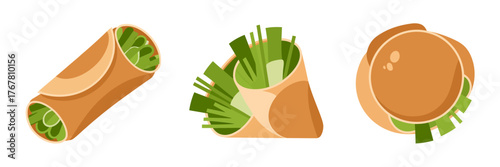 Fresh wrap assortment, veggie filled rolls, lettuce leaves showing, whole grain wrap, round fried snack, casual lunch vector