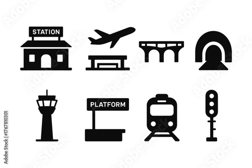Transport icons set featuring plane, train, and station elements in bold silhouette style