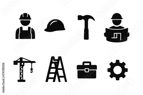 Construction silhouettes: workers, tools, and equipment for building projects