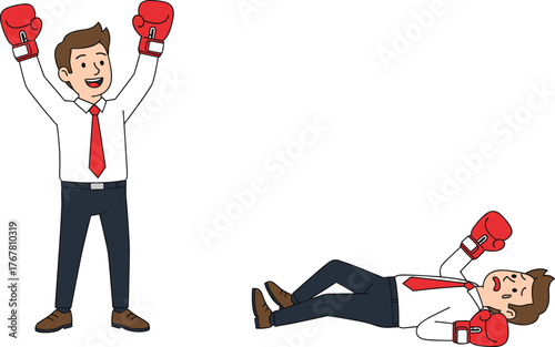 Cartoon business characters boxing in competitive scene, one victorious and one defeated, symbolizing rivalry, success, failure, conflict, and ambition