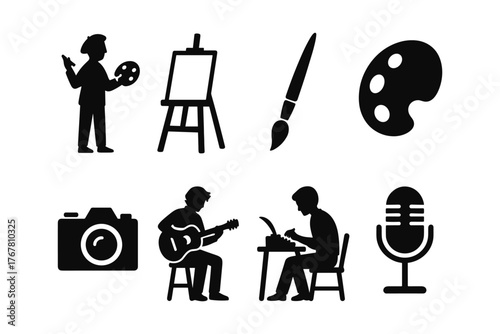 Creative arts icons: painter, musician, photographer, writer, podcaster in silhouette style