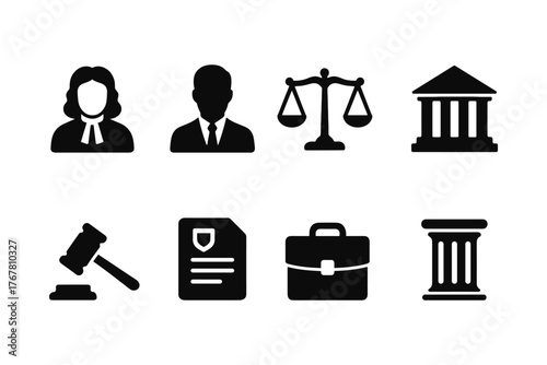 Courtroom and legal icons in black silhouette style
