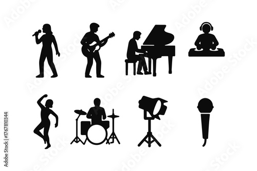 Silhouette icons of musicians and performers in black on white