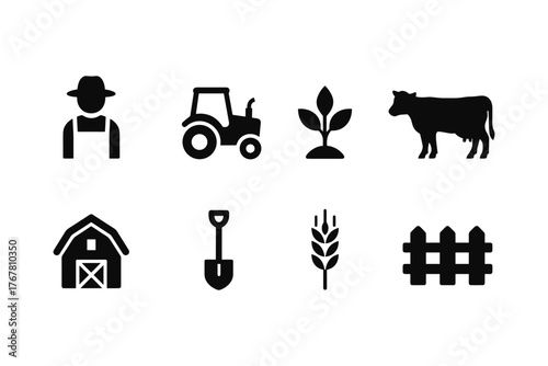 Farming icons set: silhouettes of farmer, tractor, barn, and more