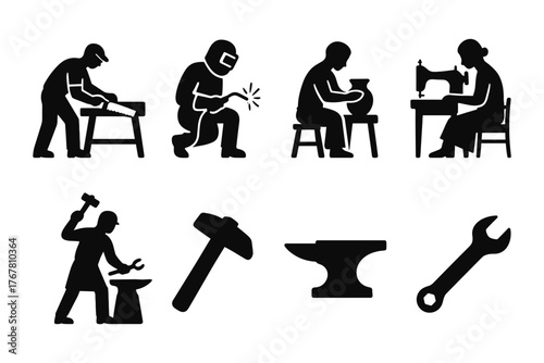 Silhouette artisans and tools: crafting, welding, pottery, sewing, and blacksmithing icons