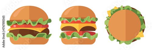 Gourmet burger set, stacked patties with lettuce and cheese, bun variations, fast food icons, tasty menu vector