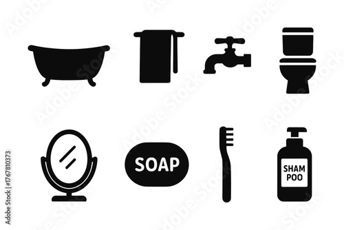 Bathroom essentials collection featuring silhouette icons of everyday hygiene items