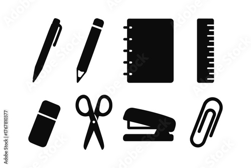 Silhouette icons of office supplies including pen, pencil, notebook, and more
