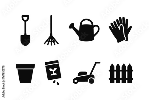 Garden tools icons set featuring silhouette designs for landscaping and horticulture