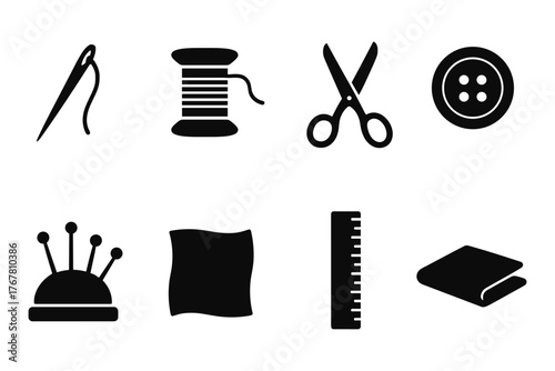 Sewing icons set: needle, thread, scissors, button, and more in black silhouette