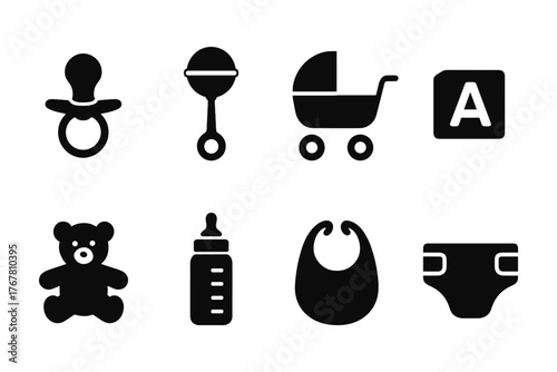 Simple black baby icons for nursery design and baby shower projects