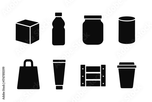 Silhouette icons of packaging containers and products for modern design needs