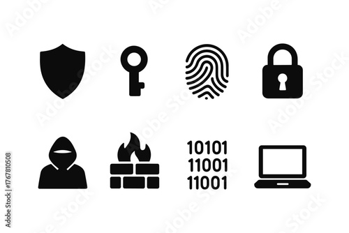 Cybersecurity icons: shield, key, fingerprint, lock, hacker, firewall, binary code, computer