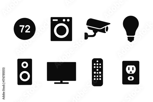Home technology silhouette icons: security, entertainment, and appliances