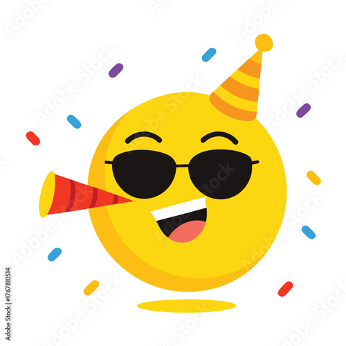 Cheerful sun celebrating with party horn and hat emoji