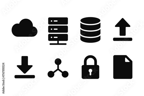 Essential icon set: cloud, server, database, upload, download, network, security