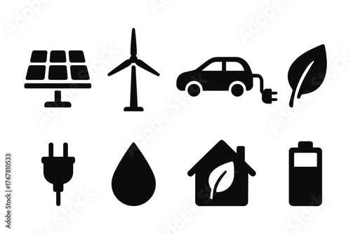 Renewable energy icons set featuring solar, wind, electric car, and sustainability symbols