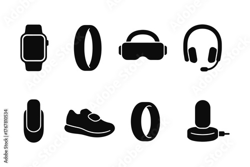 Modern gadget collection: wearable tech, headphones, and accessories icons set